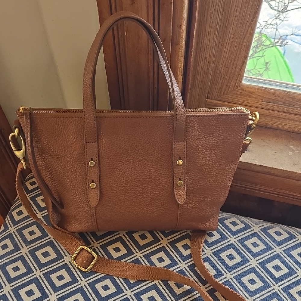 Fossil Jenna Pebbled Leather Tote Bag - Brown/Ginger - With Crossbody Strap